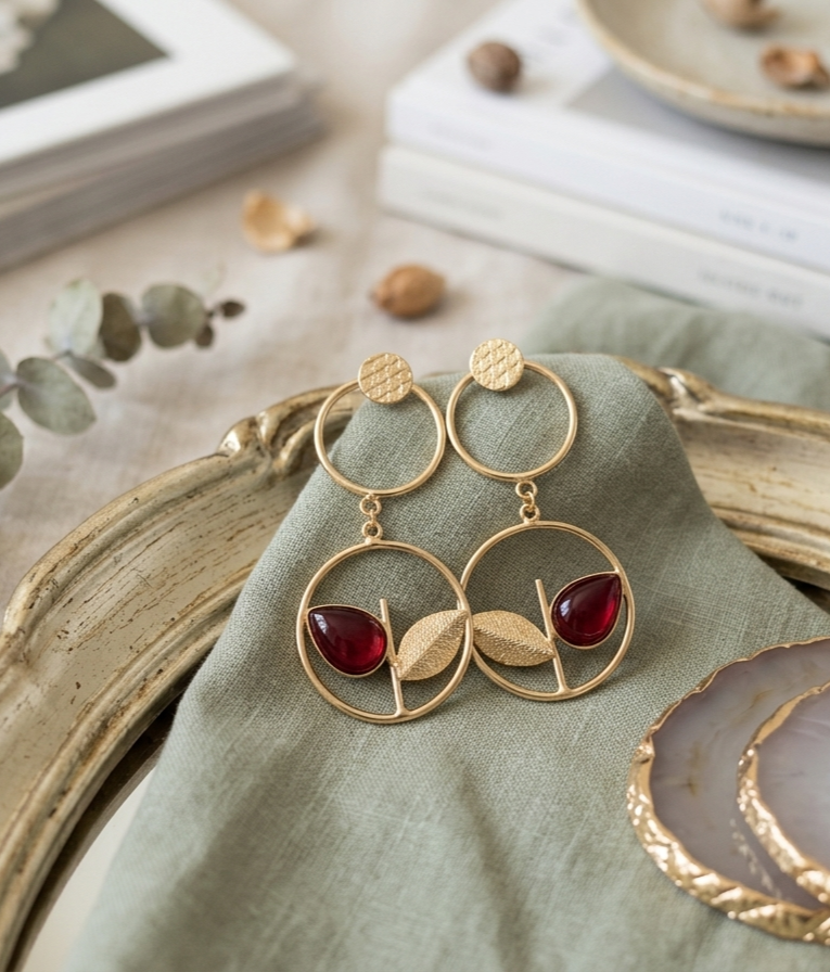 Handcrafted Brass Ruby Leaf Drop Earringss