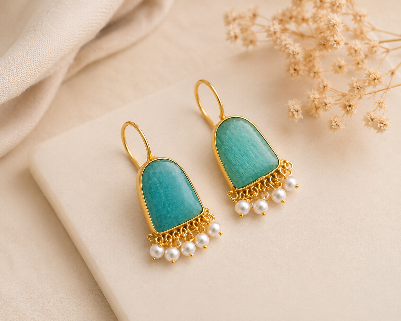 Mint Pearl Charm Drop Earrings