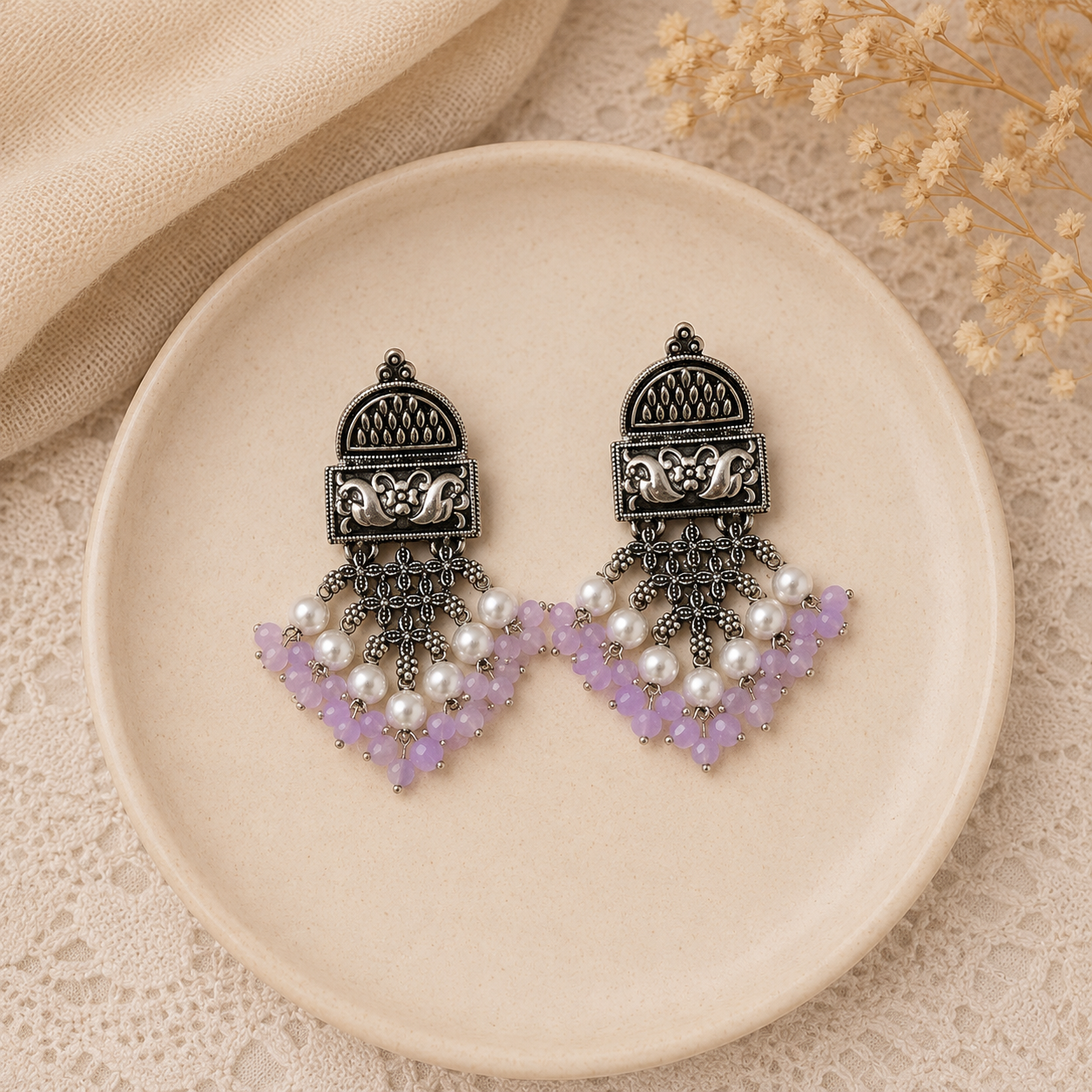 Lavender Pearl Ethnic Earrings