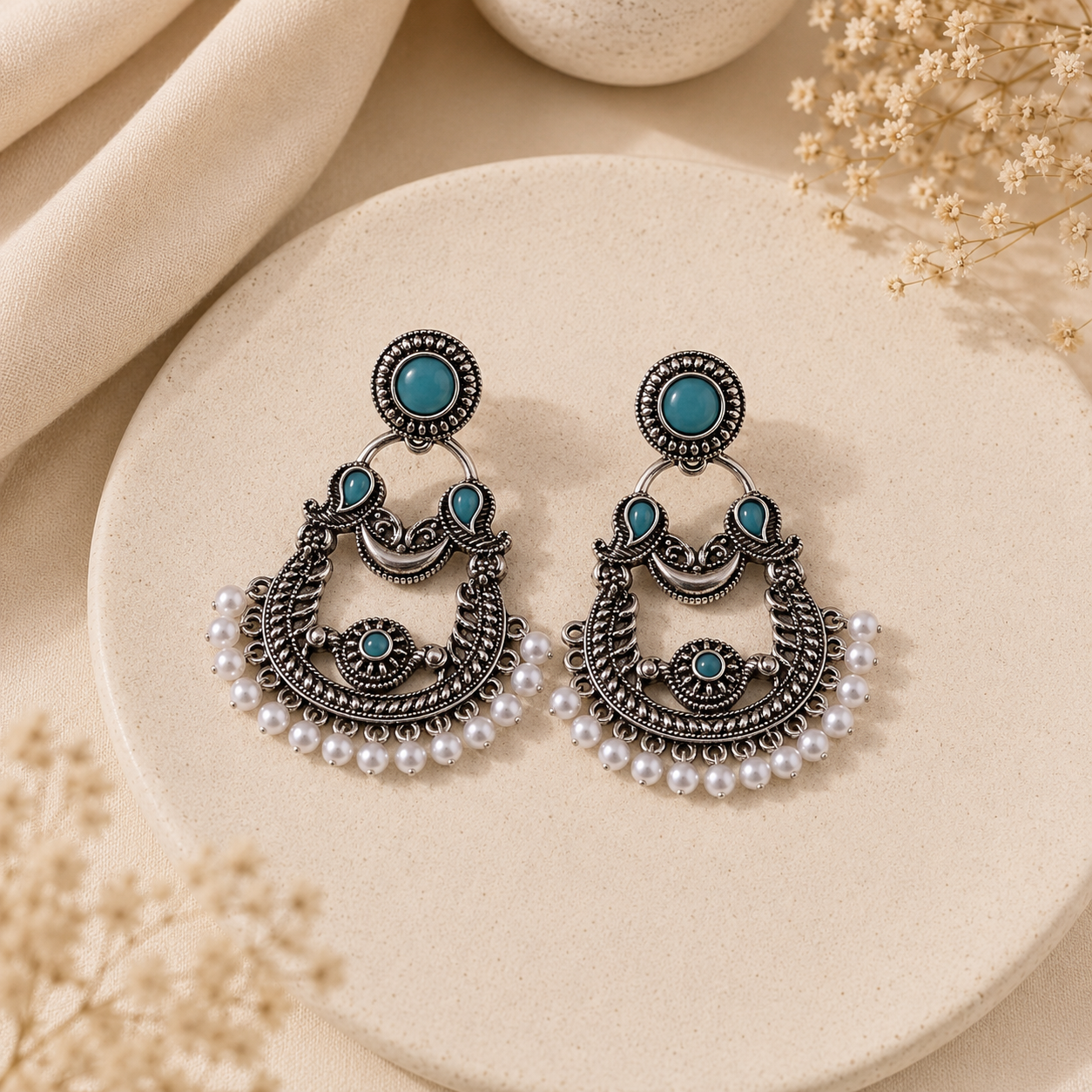 Turquoise Pearl Oxidized Chandbali Earrings
