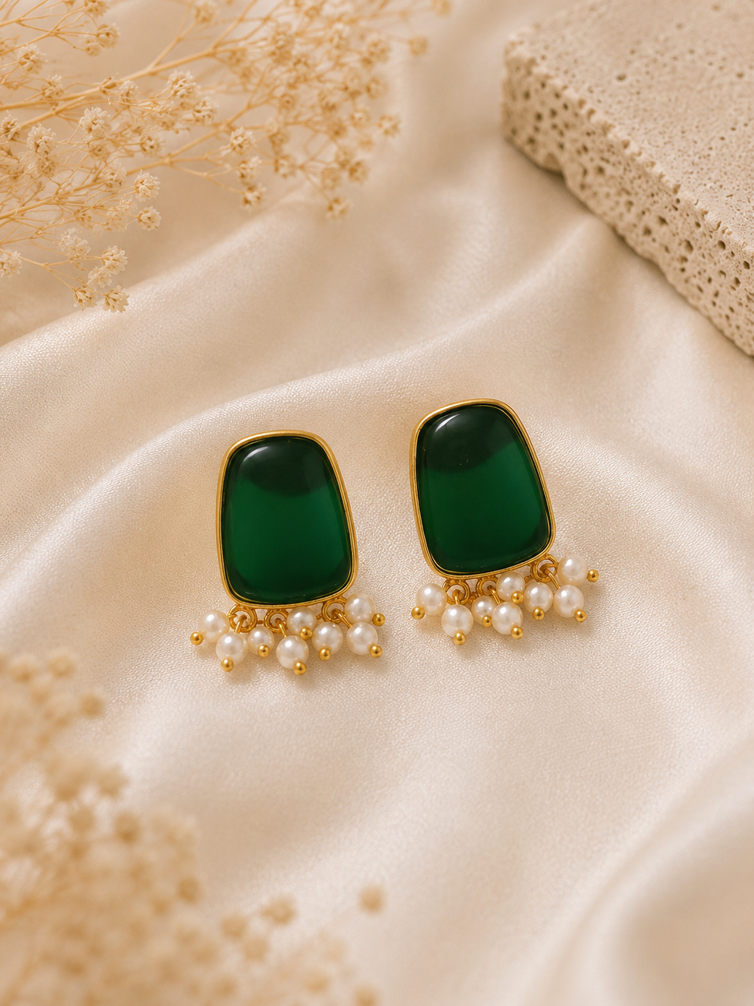Vedaaa Emerald Green Pearl Stud Earrings