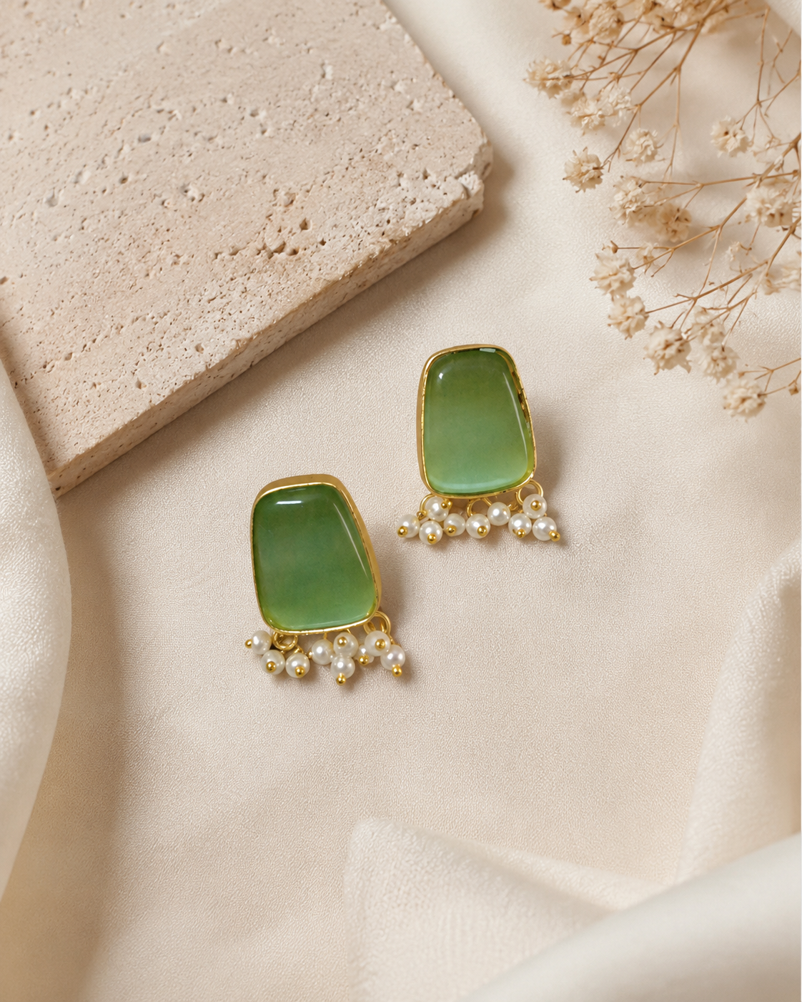 Vedaaa Mint Green Pearl Stud Earrings