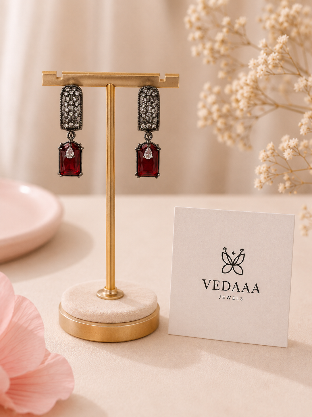 Vedaaa Ruby Royale Crystal Drop Earrings