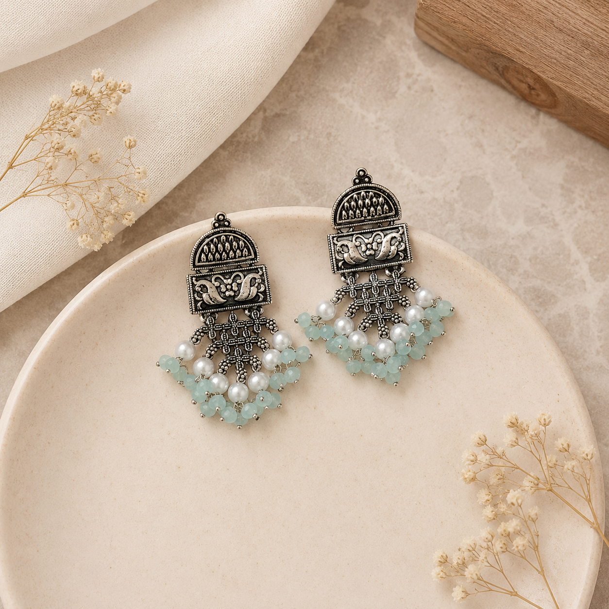 Aqua Pearl Ethnic Earrings