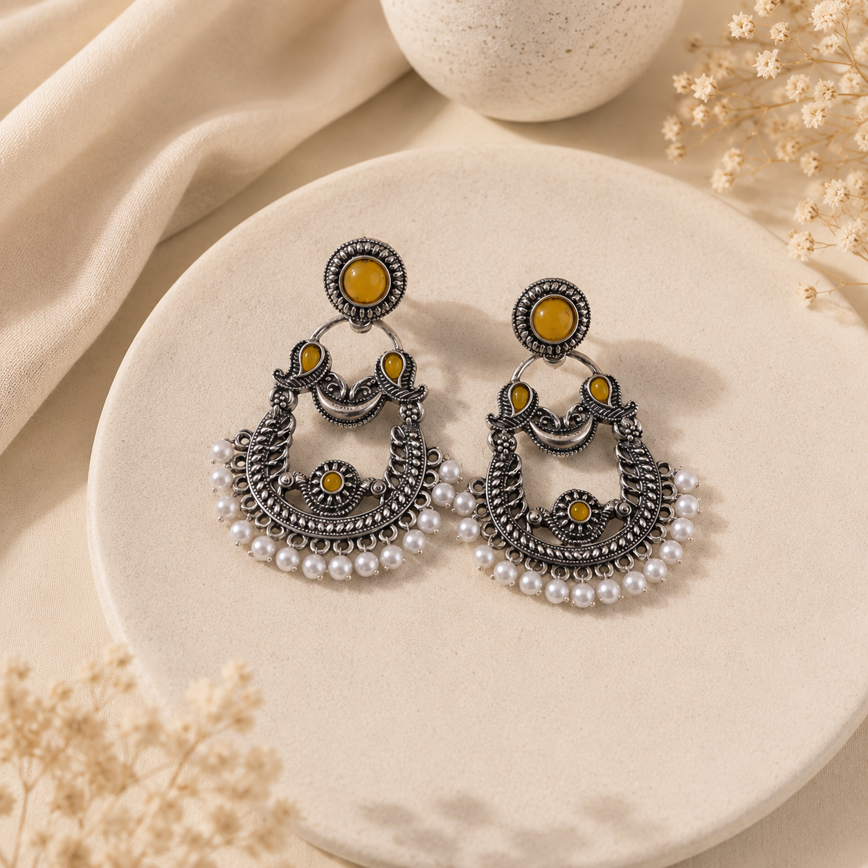 Sunflower Pearl Oxidized Chandbali Earrings