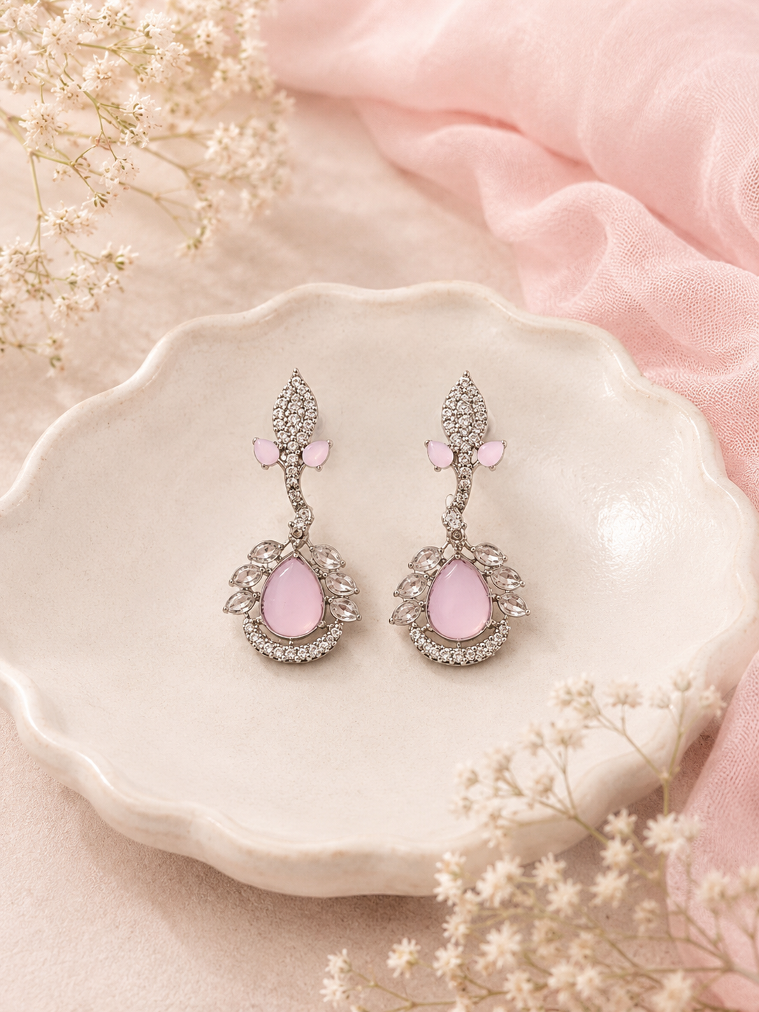 Vedaaa Blush Pink Crystal Teardrop Statement Earrings