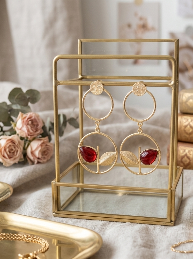 Handcrafted Brass Ruby Leaf Drop Earringss