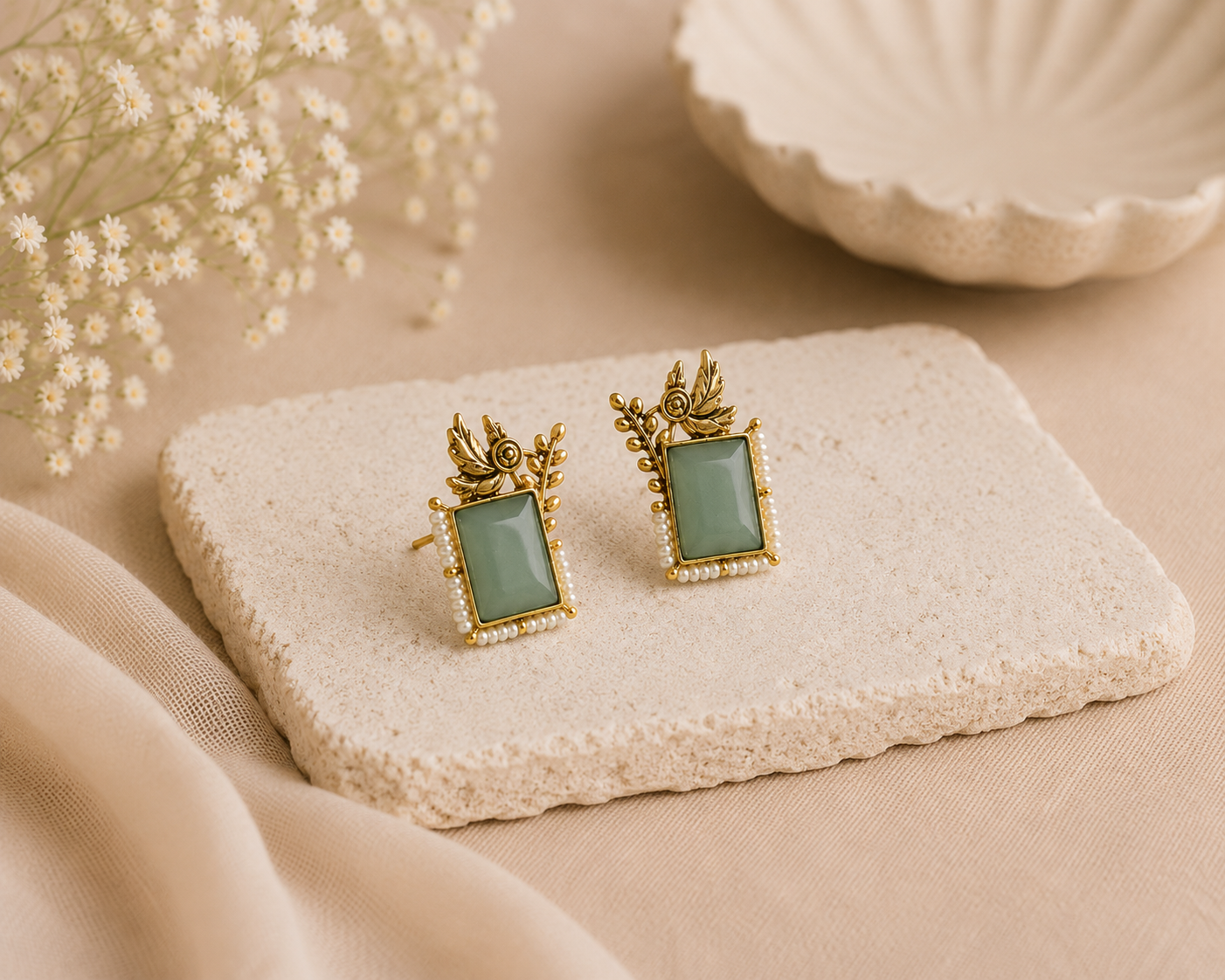 Mint Green Floral Pearl Studs