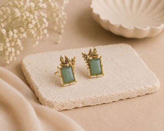 Mint Green Floral Pearl Studs
