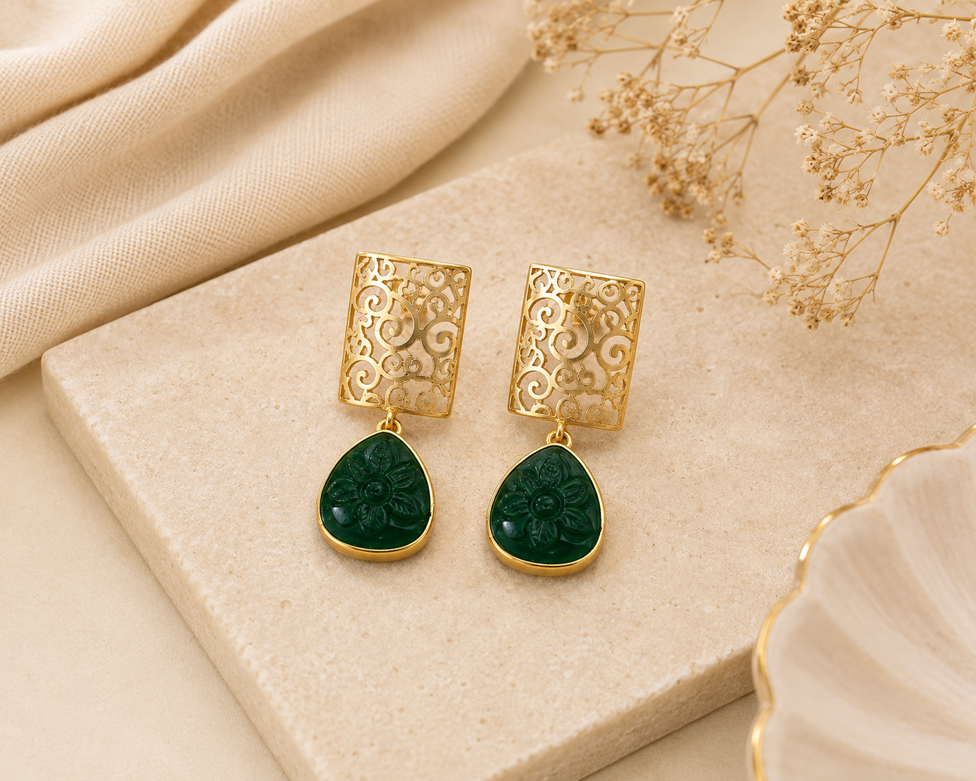 Vedaaa Emerald Bloom Statement Earrings
