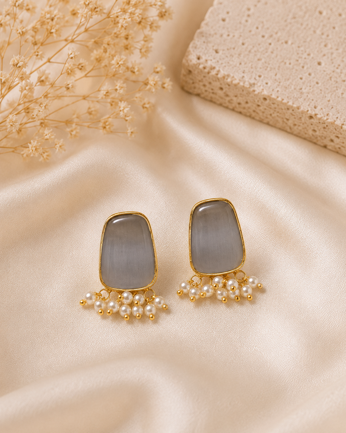 Vedaaa Smoky Grey Pearl Stud Earrings
