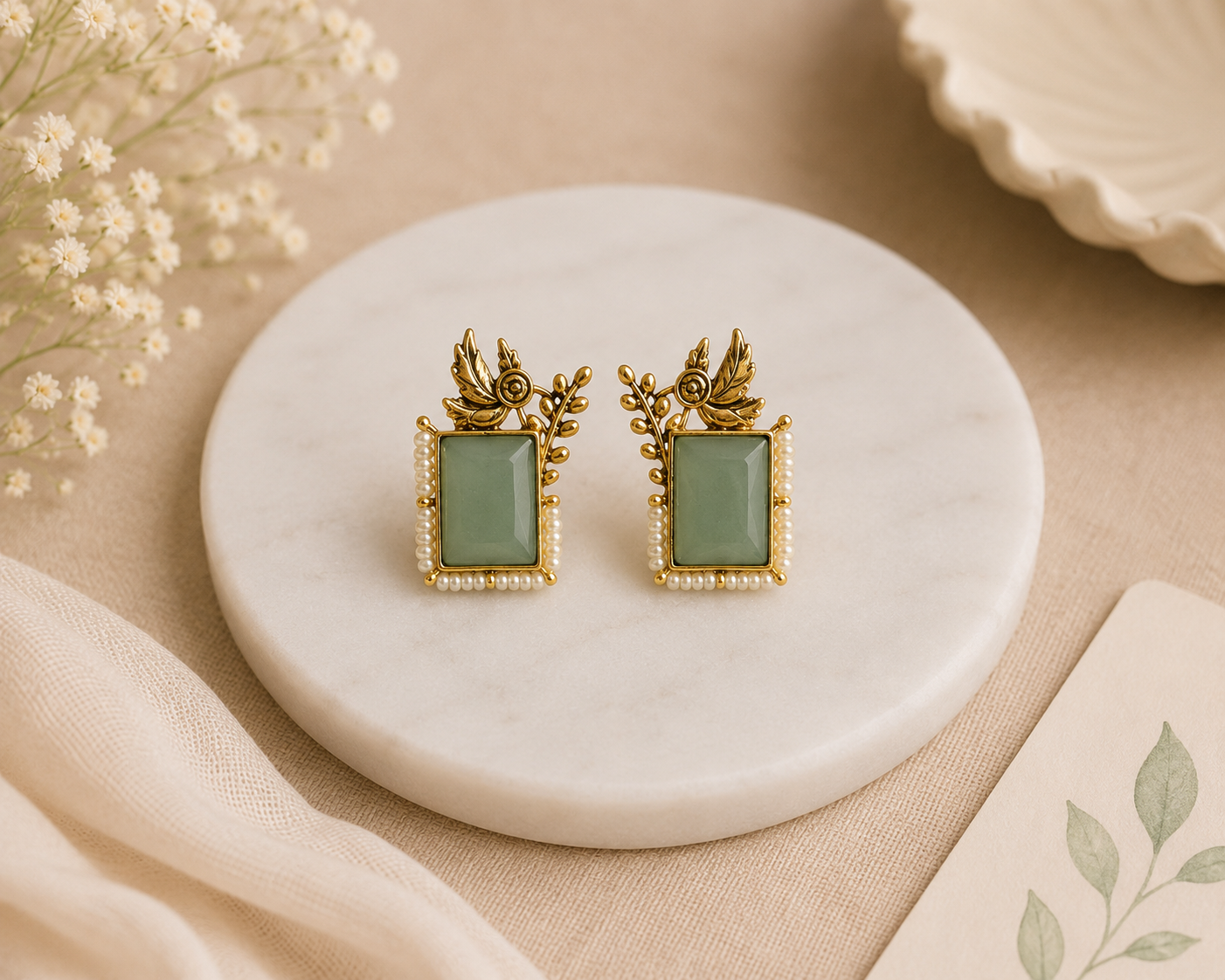 Mint Green Floral Pearl Studs