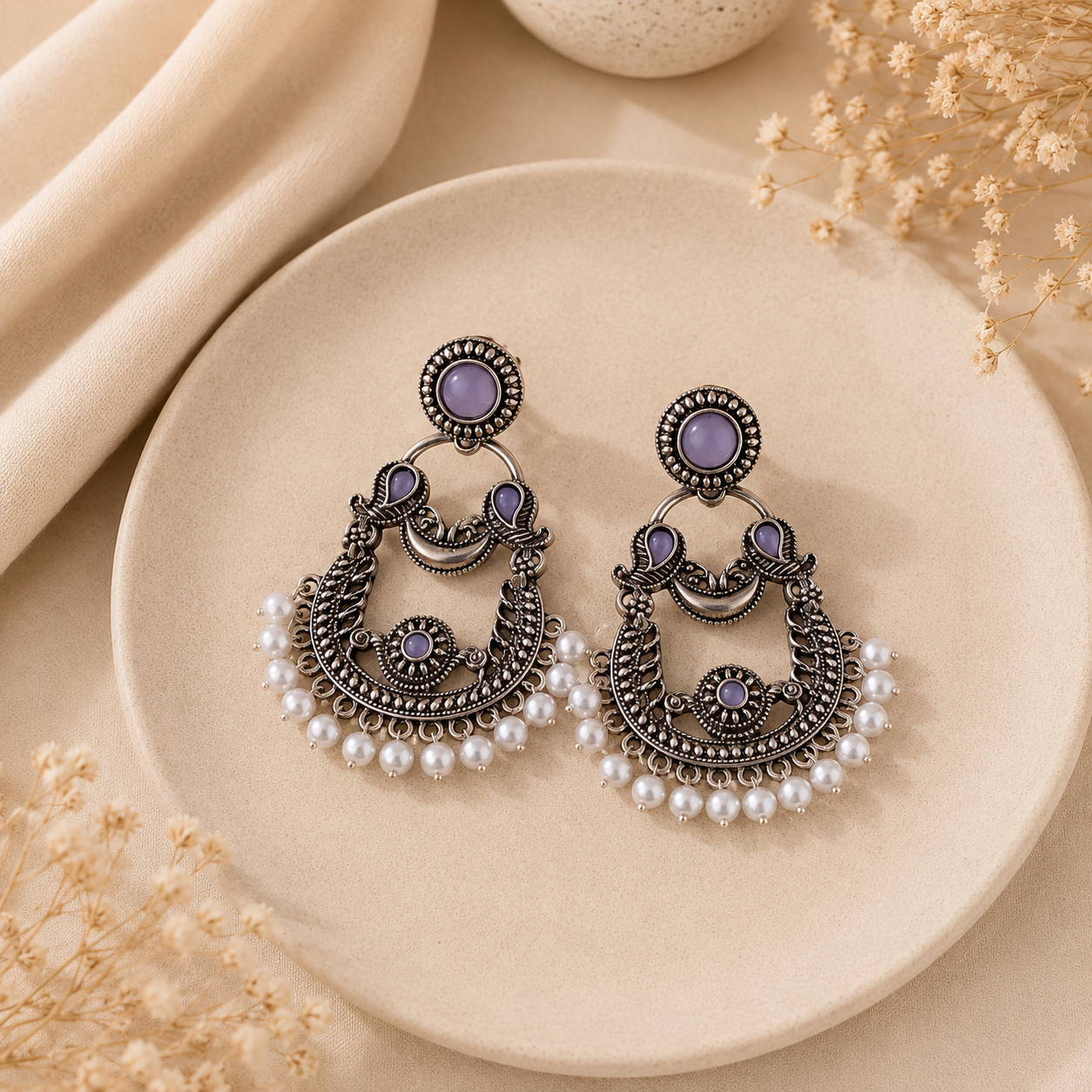 Lavender Pearl Oxidized Chandbali Earrings