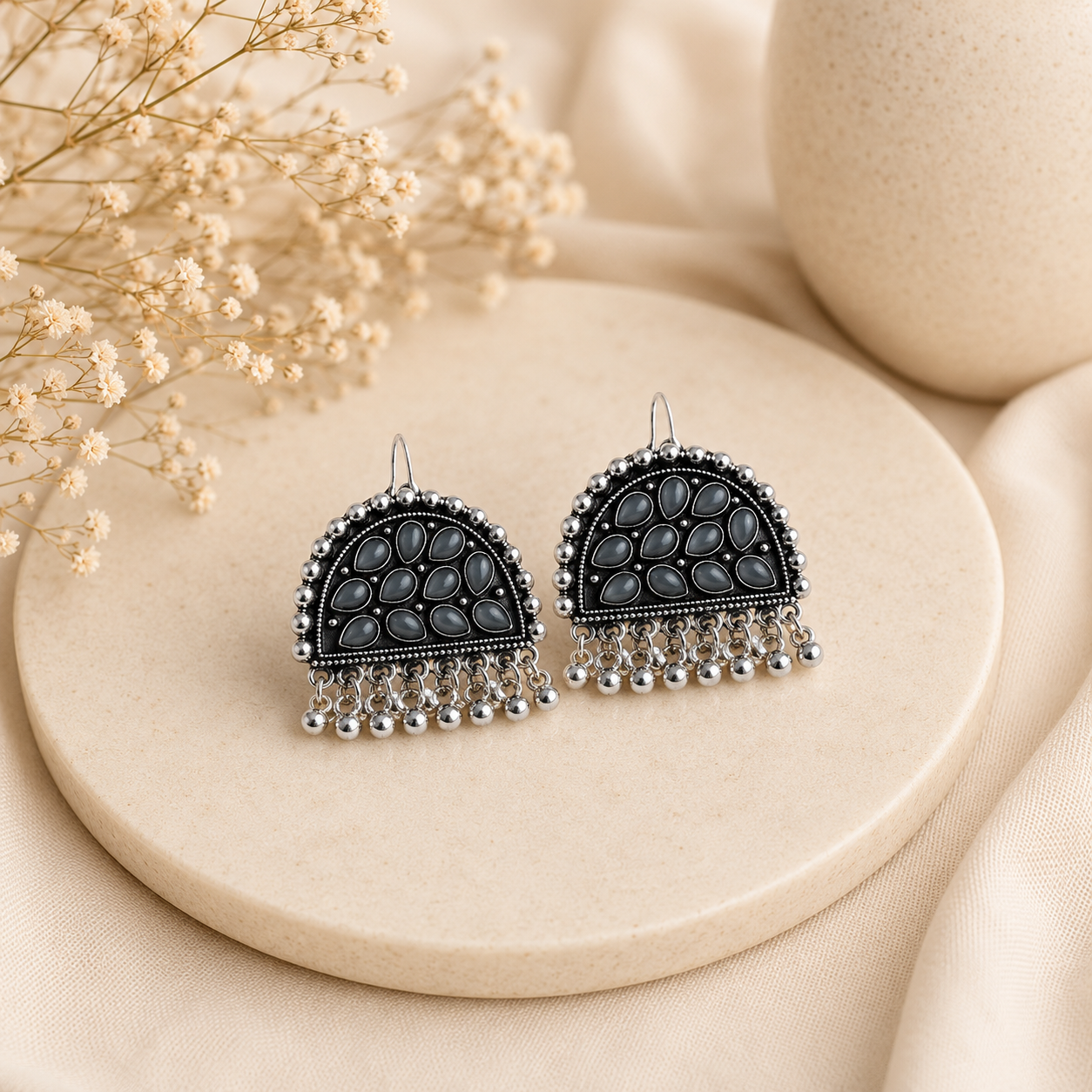 Smoky Grey Oxidized Jhumka Earrings with Ghungroo Tassels
