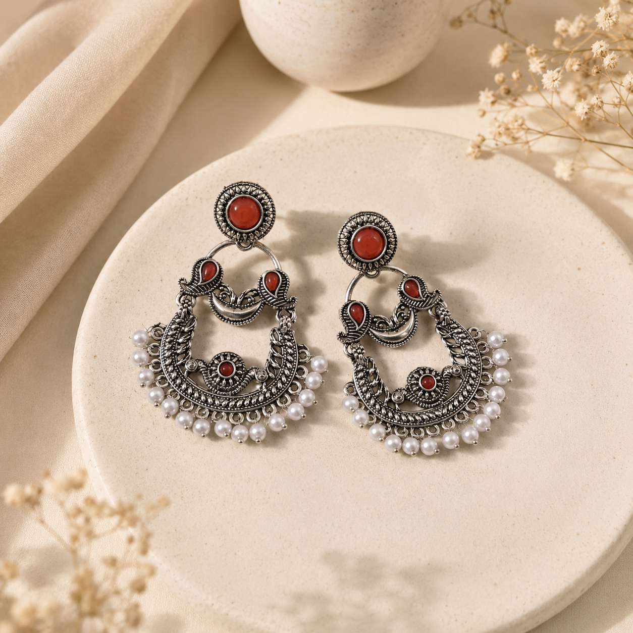 Ruby Pearl Oxidized Chandbali Earrings