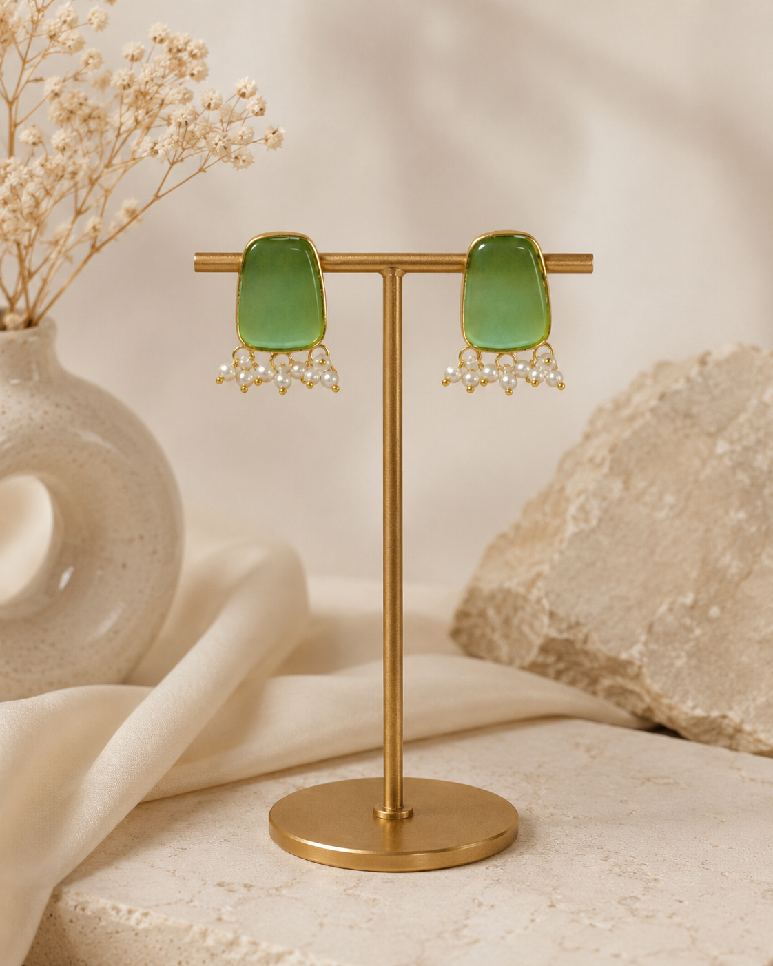 Vedaaa Mint Green Pearl Stud Earrings