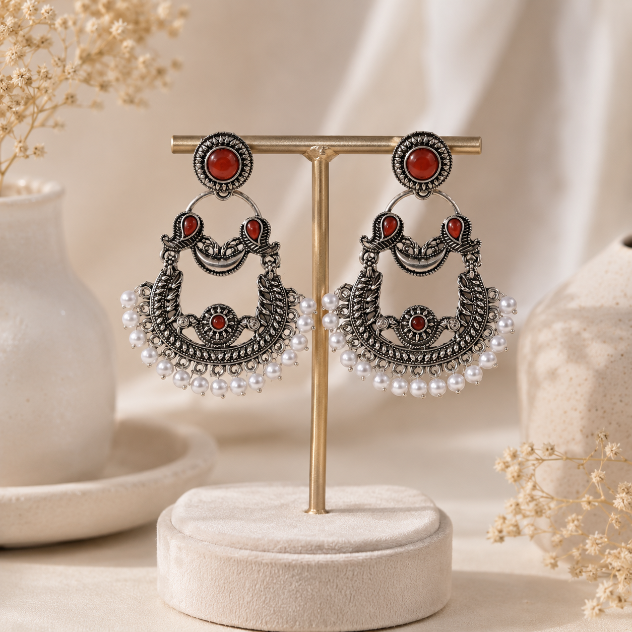 Ruby Pearl Oxidized Chandbali Earrings