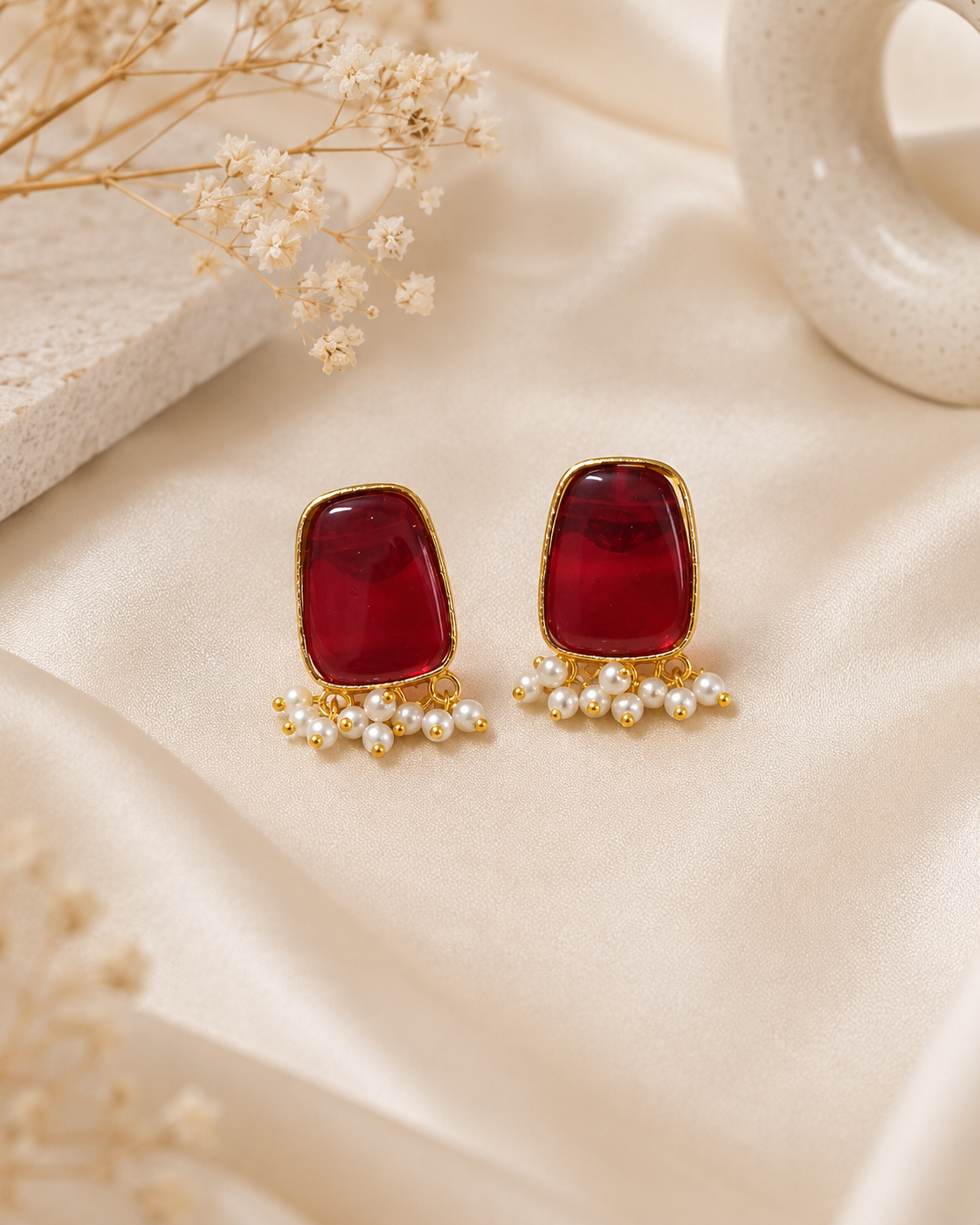 Vedaaa Ruby Red Pearl Stud Earrings