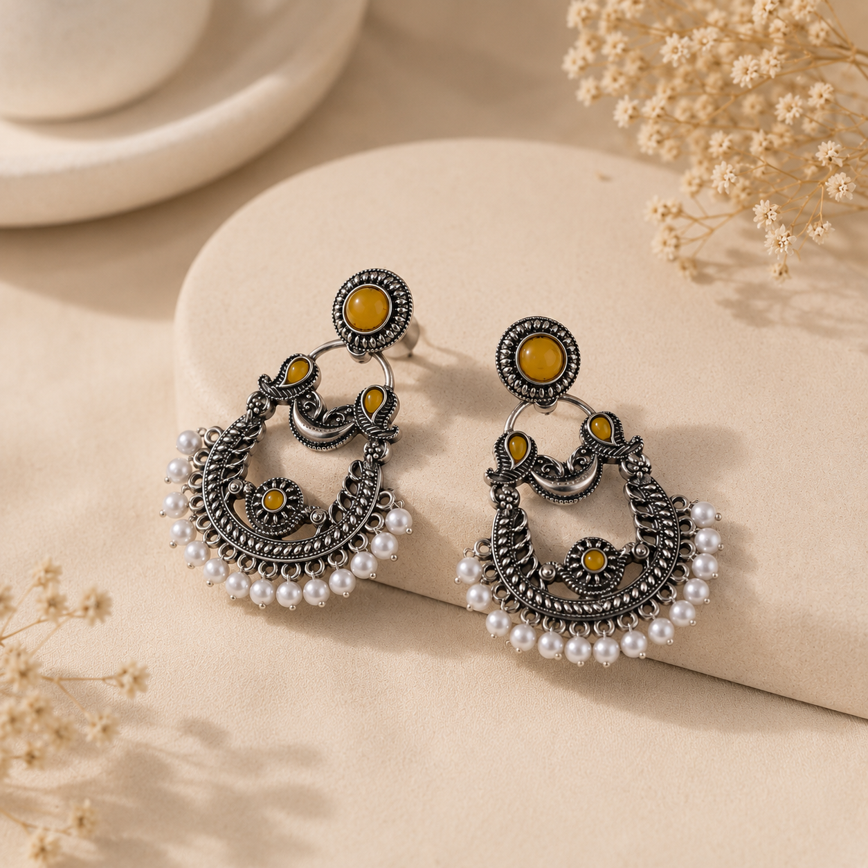 Sunflower Pearl Oxidized Chandbali Earrings