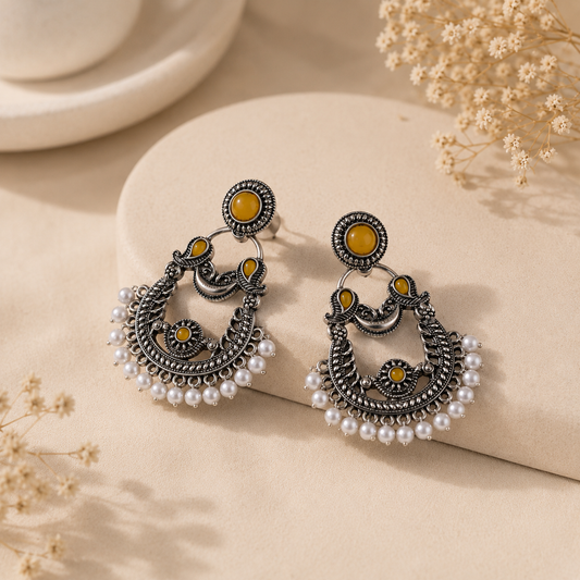 Sunflower Pearl Oxidized Chandbali Earrings