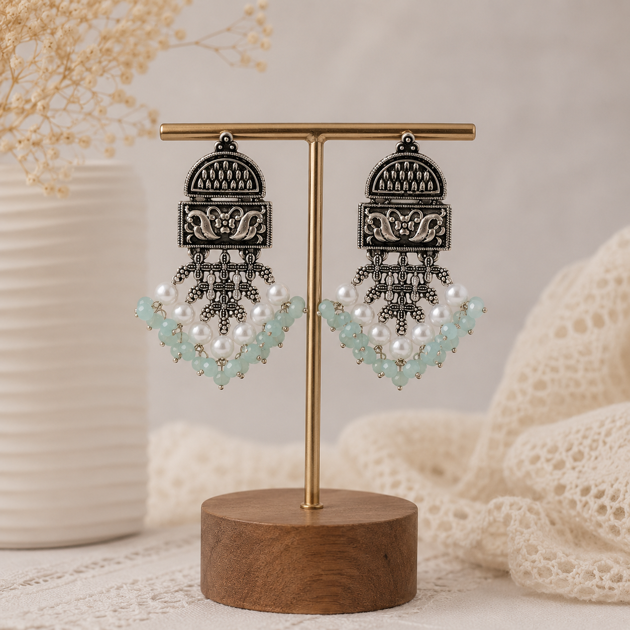 Aqua Pearl Ethnic Earrings
