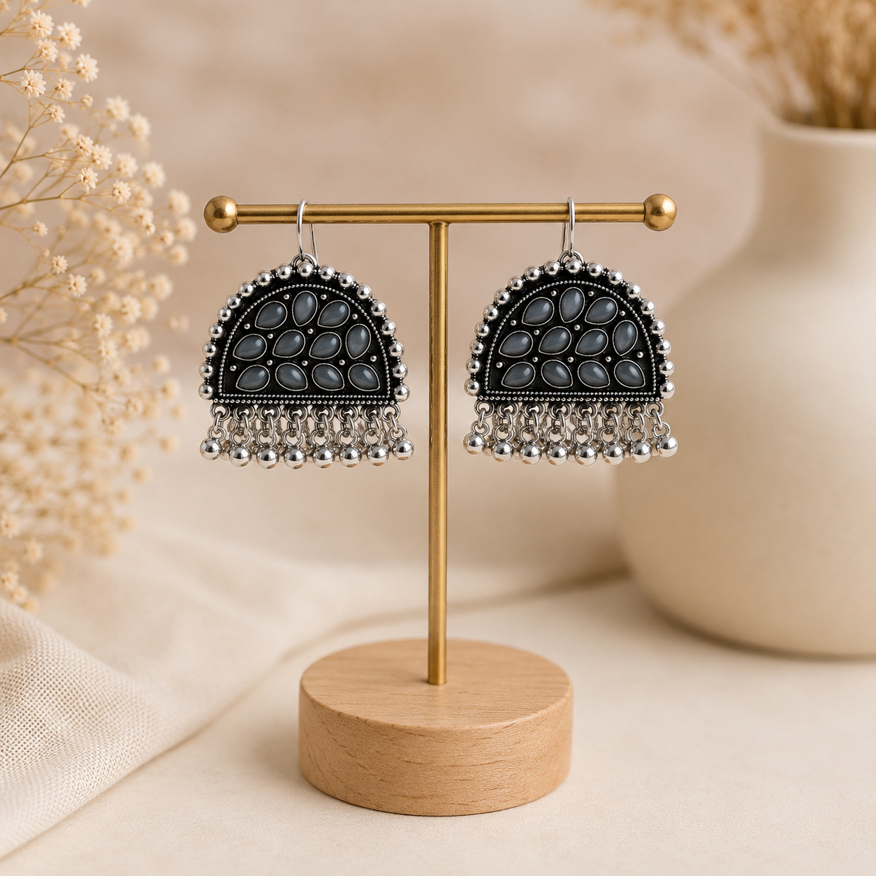 Smoky Grey Oxidized Jhumka Earrings with Ghungroo Tassels