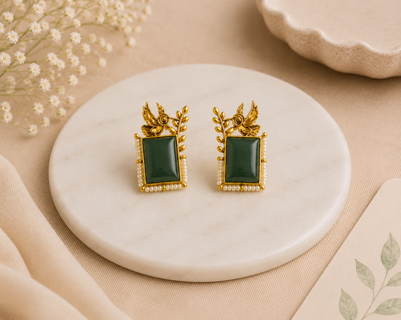 Emerald Green Pearl Floral Stud Earrings