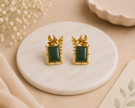 Emerald Green Pearl Floral Stud Earrings