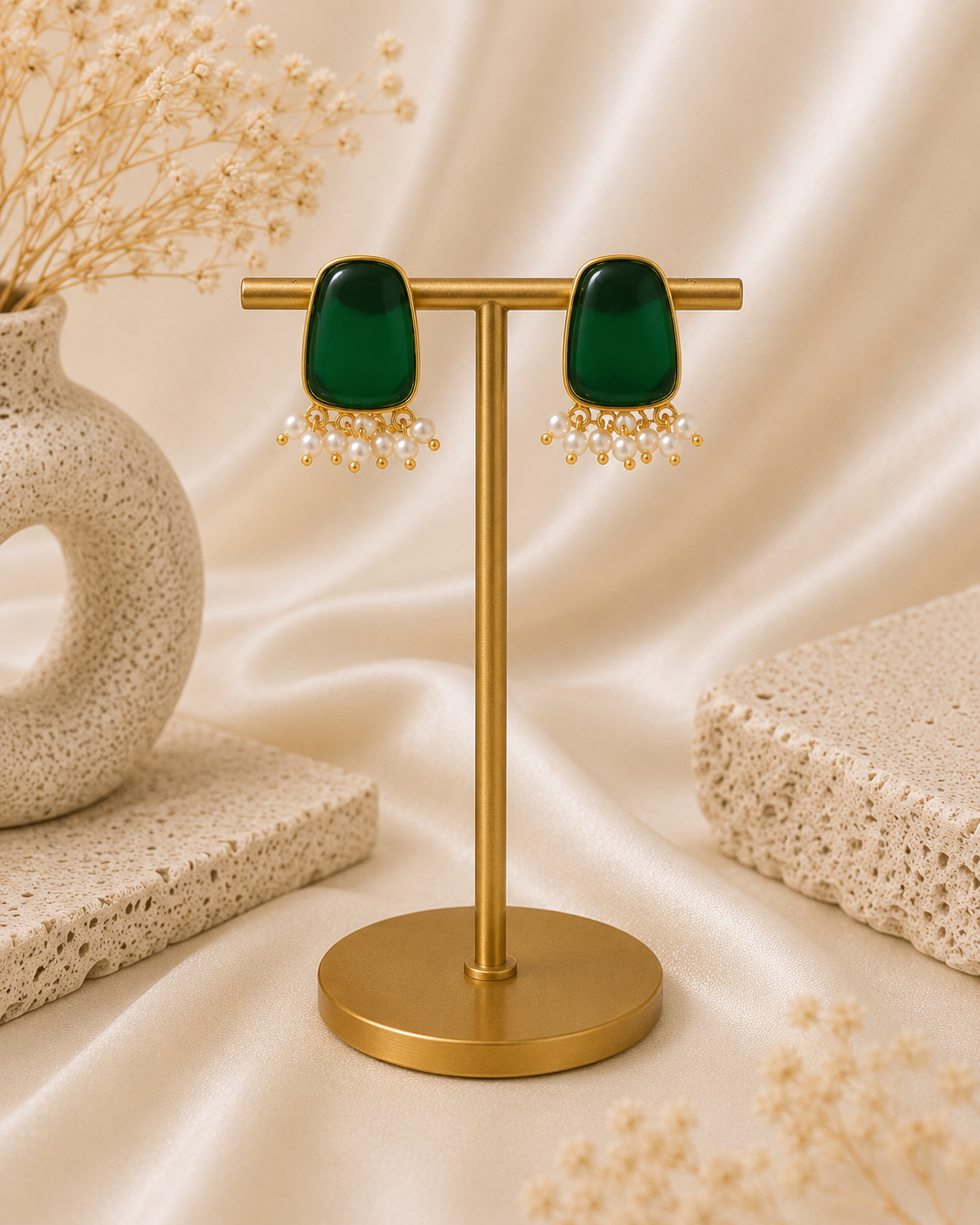 Vedaaa Emerald Green Pearl Stud Earrings