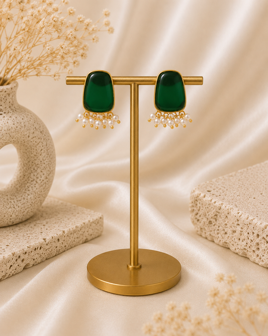 Vedaaa Emerald Green Pearl Stud Earrings