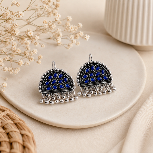 Royal Blue Oxidized Stone Jhumka Earrings with Ghungroo Beads
