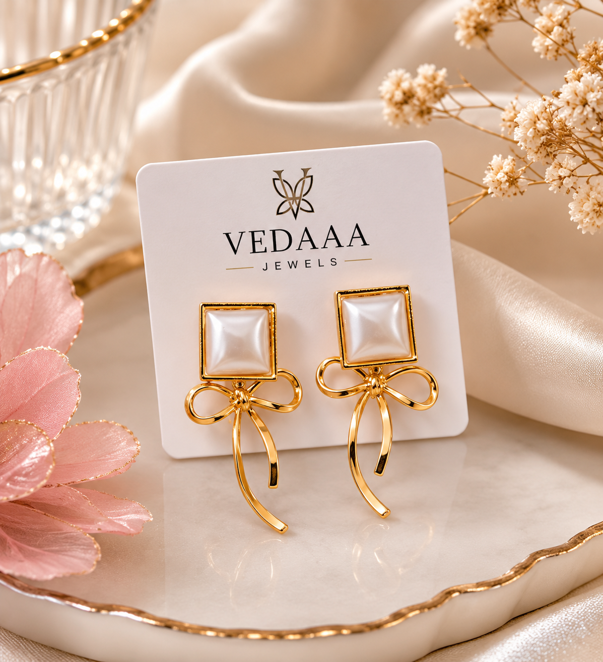 ✨ Vedaaa Pearl Bow Elegance Earrings