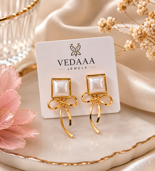 ✨ Vedaaa Pearl Bow Elegance Earrings