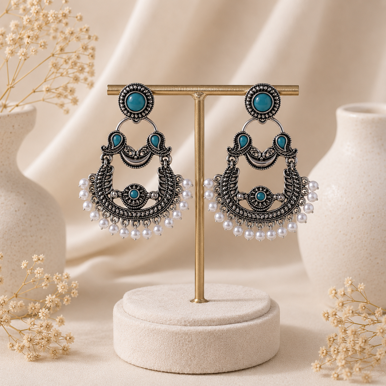 Turquoise Pearl Oxidized Chandbali Earrings