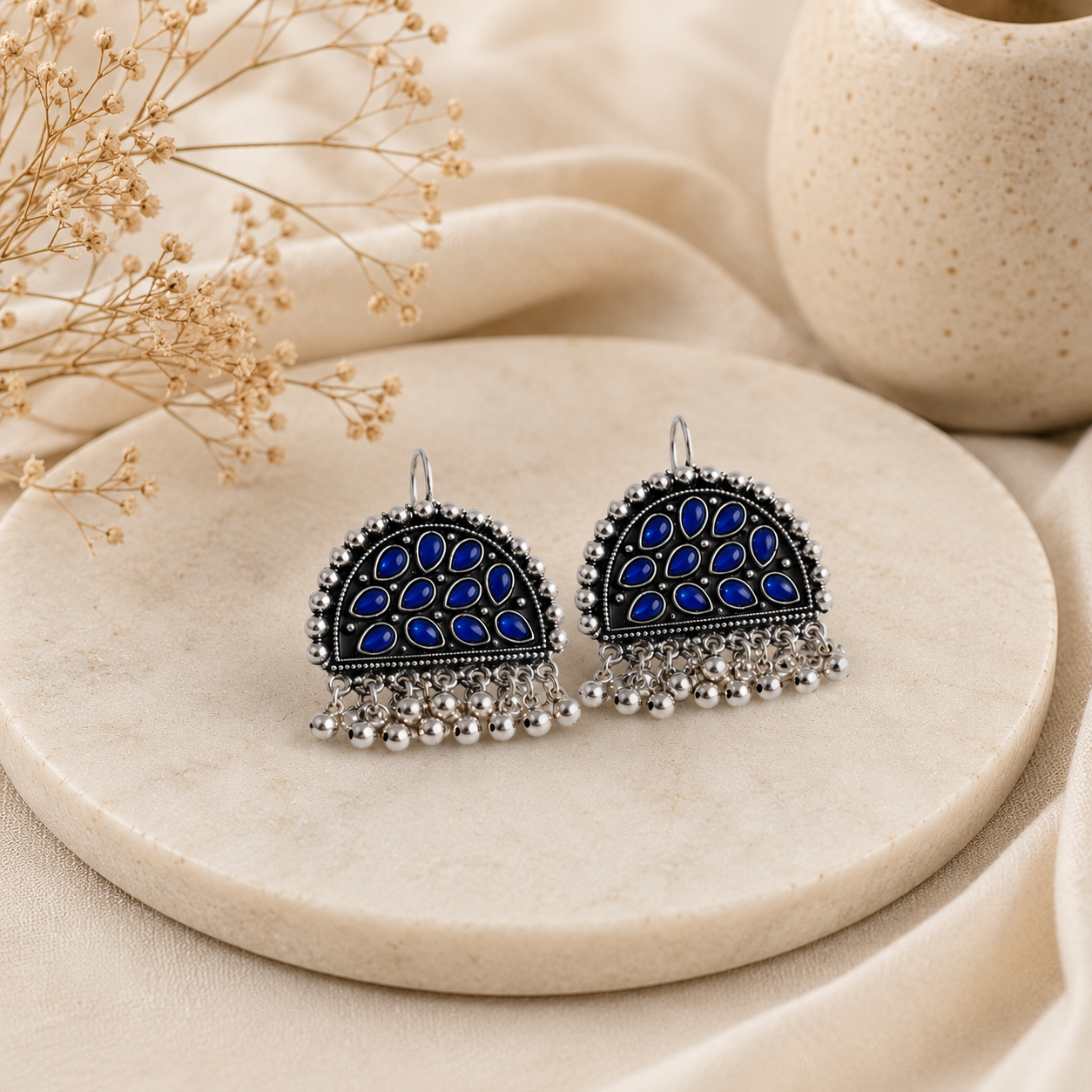 Royal Blue Oxidized Stone Jhumka Earrings with Ghungroo Beads