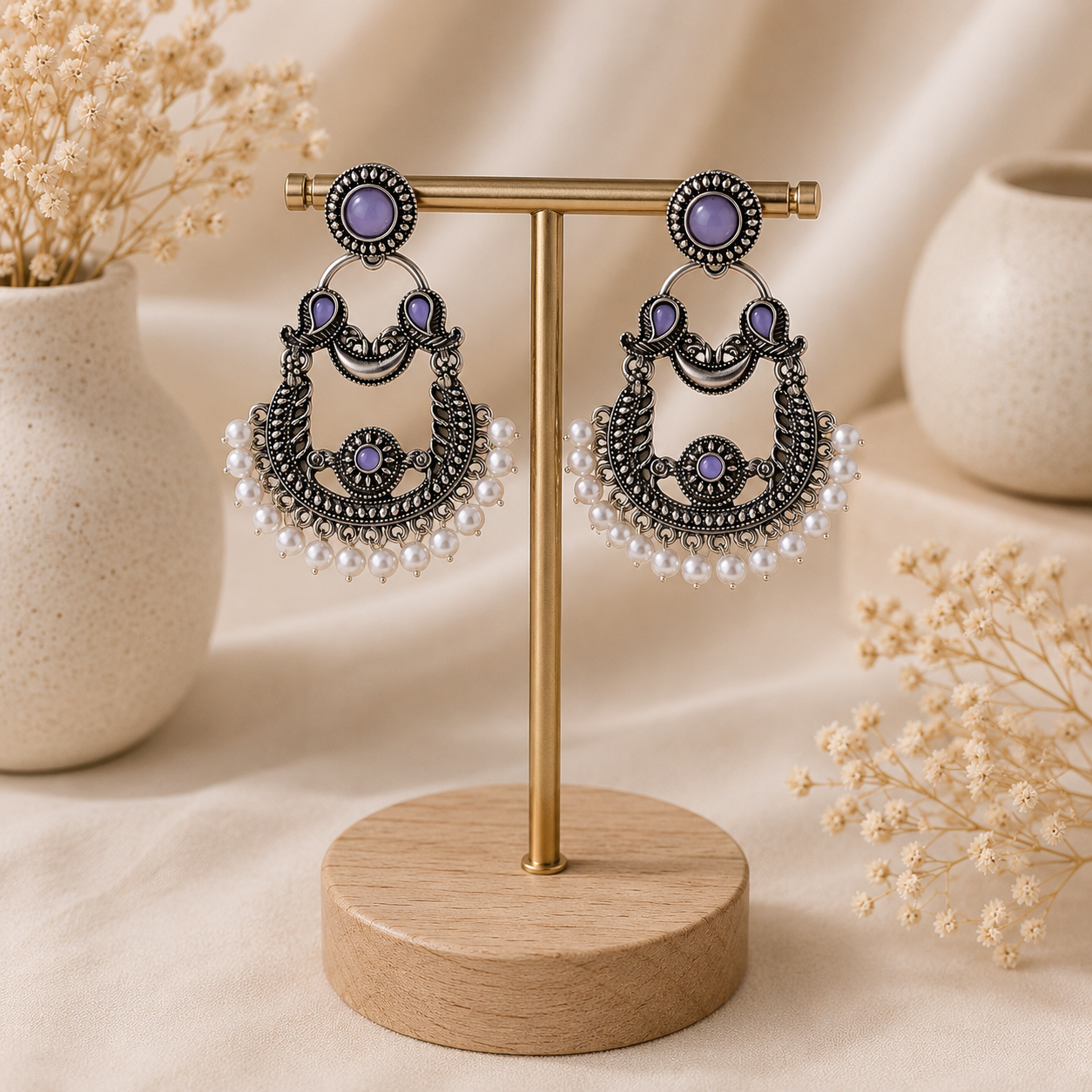 Lavender Pearl Oxidized Chandbali Earrings