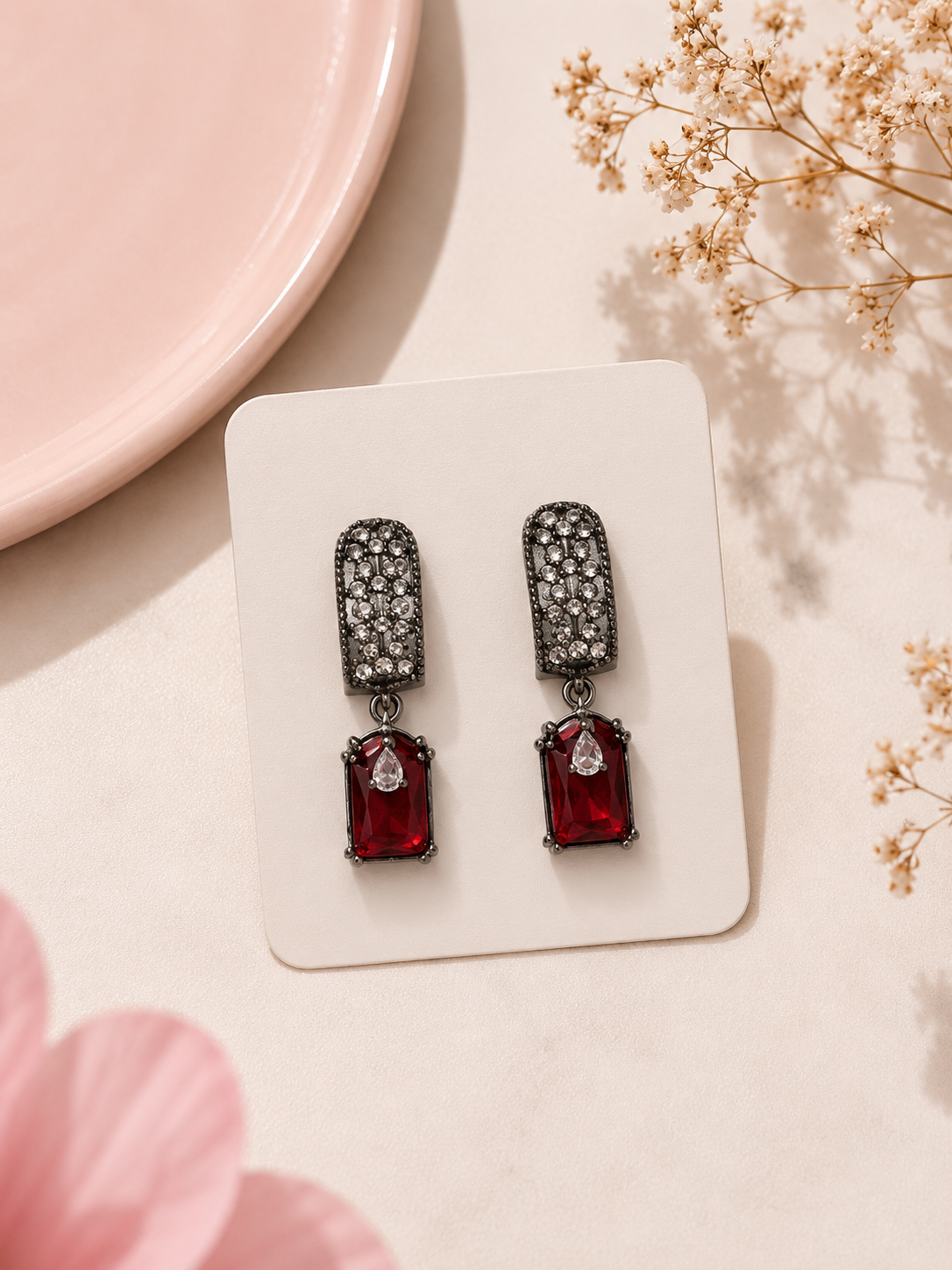 Vedaaa Ruby Royale Crystal Drop Earrings