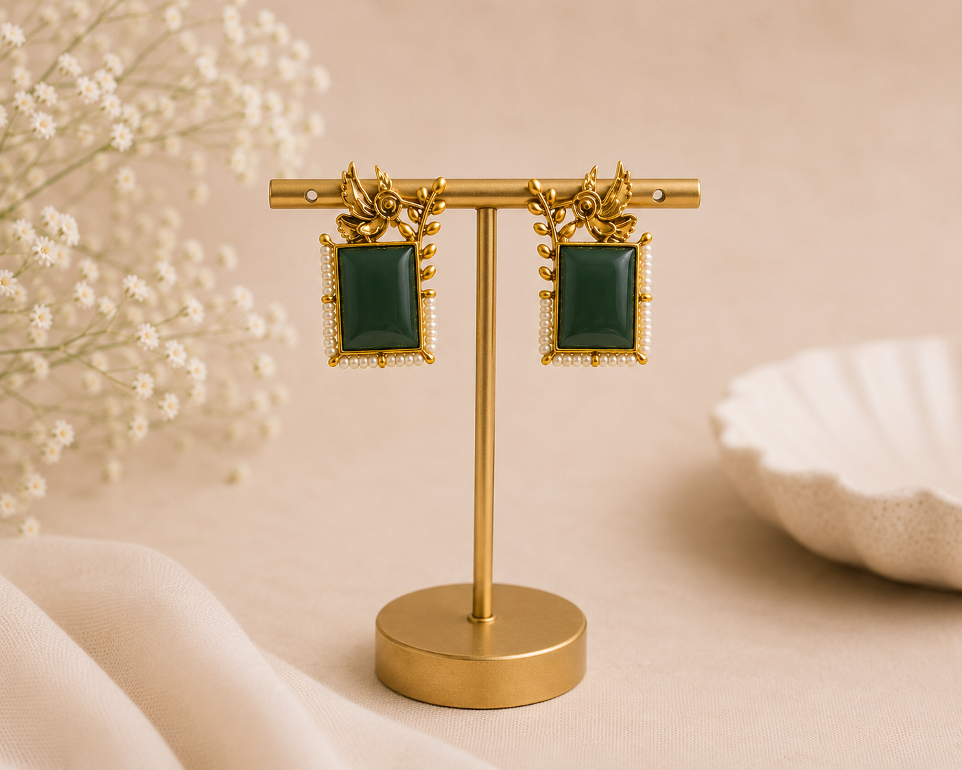 Emerald Green Pearl Floral Stud Earrings