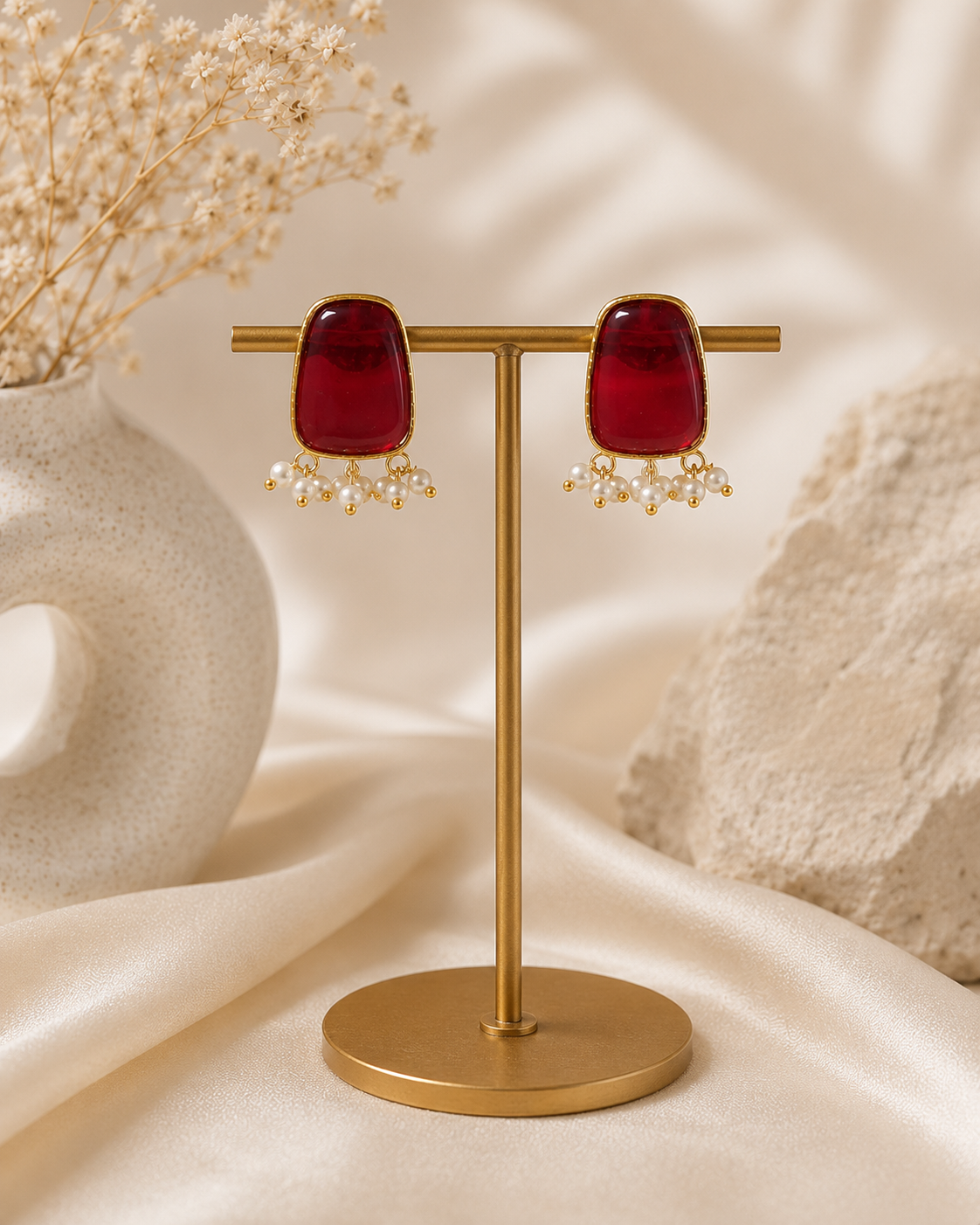 Vedaaa Ruby Red Pearl Stud Earrings