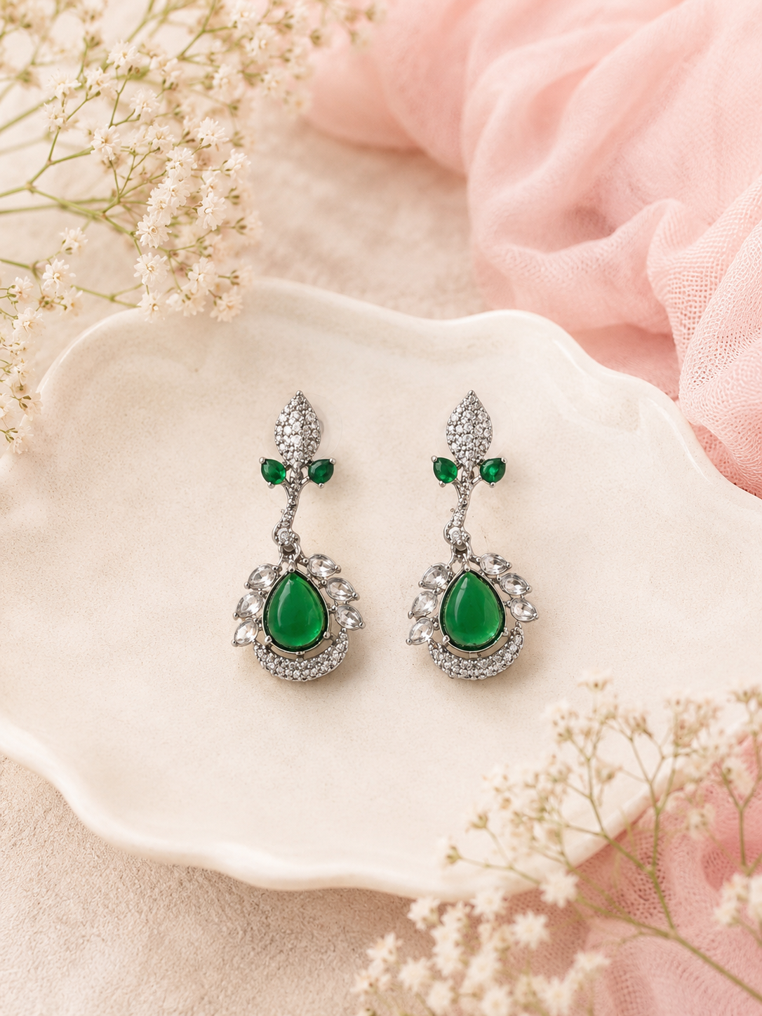 Vedaaa Emerald Bloom Crystal Drop Earrings