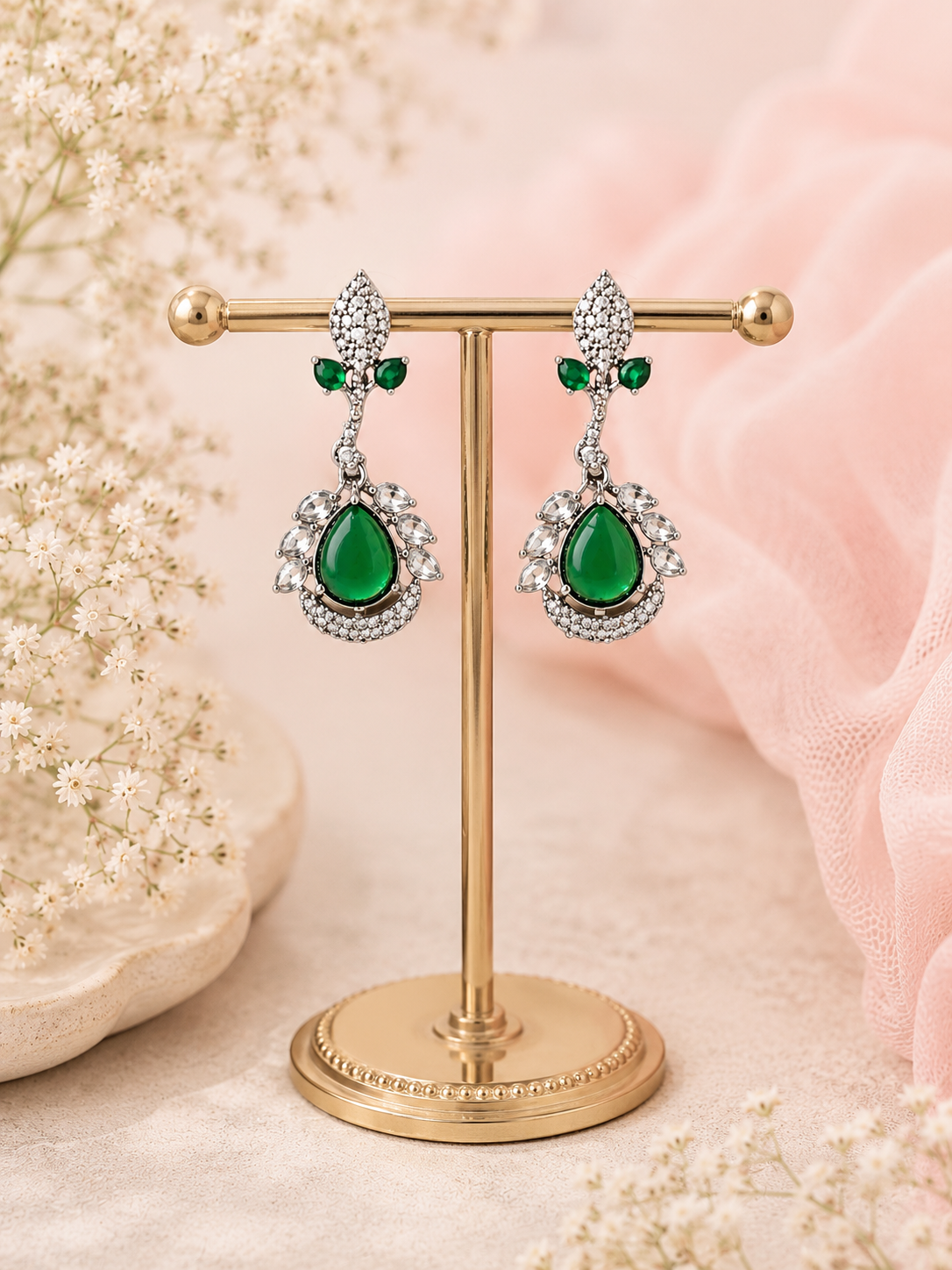 Vedaaa Emerald Bloom Crystal Drop Earrings